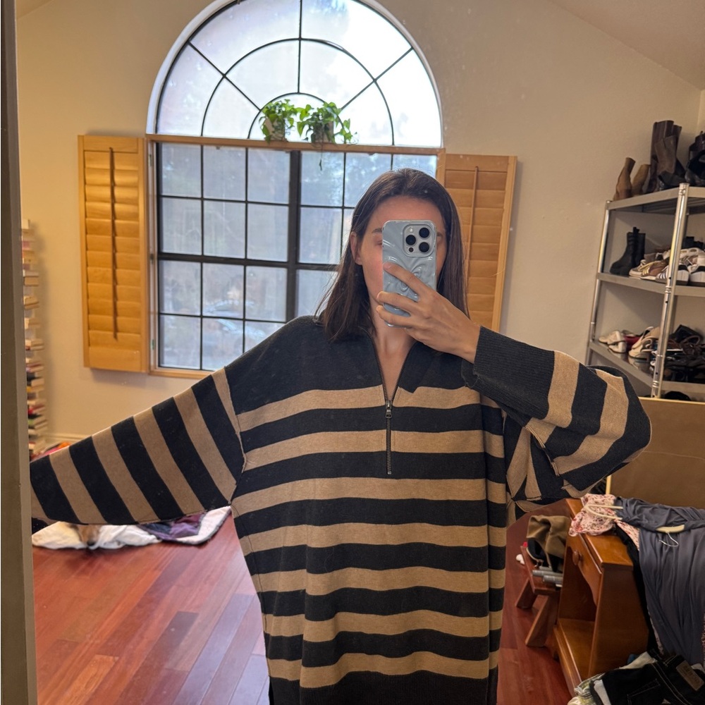 Women’s free people Striped Half-Zip Sweater Knit Pullover - Black & Tan - Picture 2 of 4